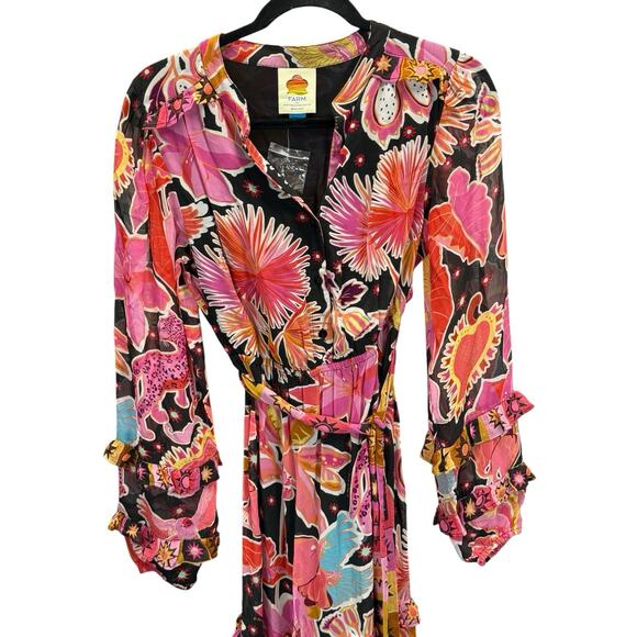 Farm Rio x Anthropologie Pink Tropical Floral Maxi Dress Long Sleeve XS - Picture 5 of 10
